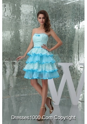 Sweet Ruffle-layers Strapless Aqua Blue Prom Dress for Girls