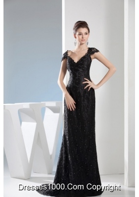 V-neck Beaded Black Lace Column Prom Dress with Brush Train