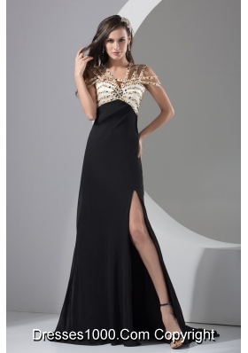 Beading and High Slit Decorated Brush Train Prom Dress with Cool Neckline