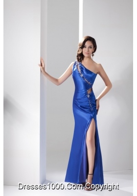 Beading Cool Back One Shoulder Prom Dress in Blue with Cutouts