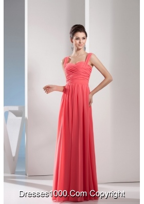 Elegant Watermelon Red Straps Floor-length Prom Gown with Ruching