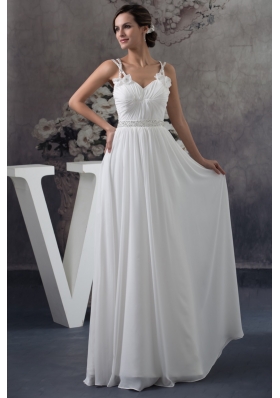 Floor-length Ruched Straps White Prom Dress with Handmade Flower