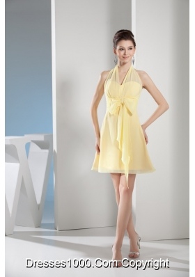 Halter Top Mini-length Light Yellow Prom Gown with Lovely Bowknot