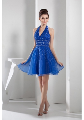 Mini-length Blue Prom Gown with beading and Organza Layers
