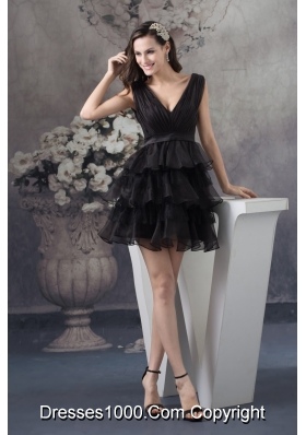 Organza Plunging V-neck Ruffle-layers Ruched Prom Dress in Black