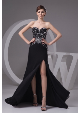 Beading and High Slit Decorated Sheath Black Brush Train Prom Gown