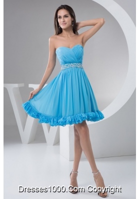 Ruched and Beaded A-line Prom Holiday Dress in Aqua Blue