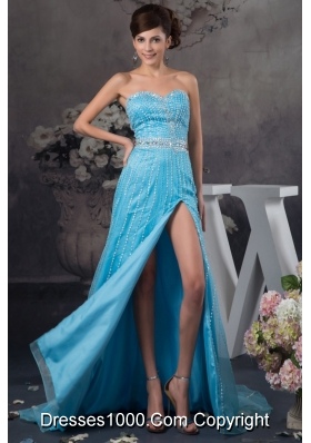 Popular Beaded Aqua Blue Brush Train Prom Dresses with High Slit