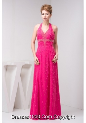 Column Hot Pink Halter Top Beaded Prom Dress with the Back Out