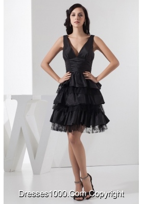 Taffeta Plunging V-neck Knee-length Ruffle-layers Black Prom Dress