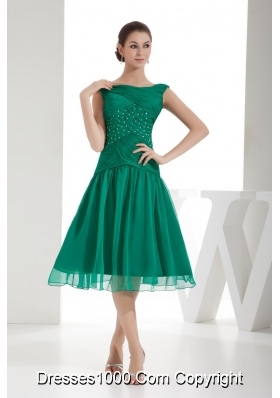 Green A Line Bateau Beading and Ruching Prom Gowns with Chiffon