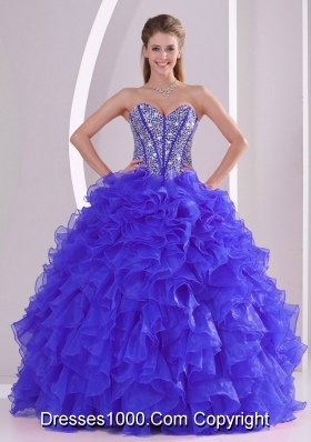 Blue Sweetheart Ruffles and Beaded Decorate Organza Quinceanera Gowns