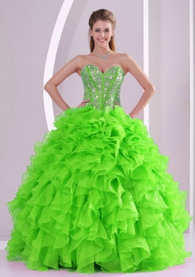 Discount Ball Gown Sweetheart Ruffles and Beaing Floor-length Quinceanera Gowns in Green