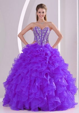 Purple Ball Gown Sweetheart Ruffles and Beading Lace Up Quinceanera Gowns