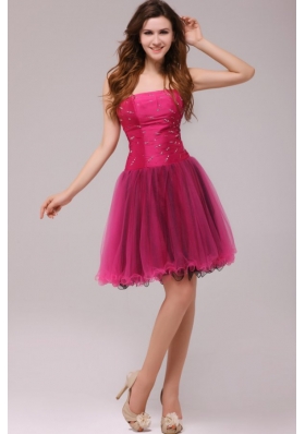 Organza Beads Strapless Fuchsia A-line Zipper Up Prom Dress