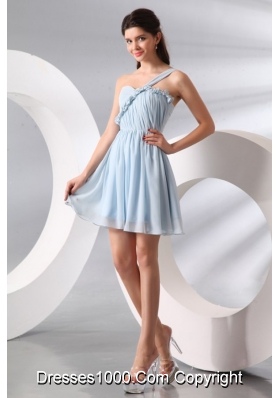 Short One Shoulder Ruche Chiffon Prom Dresses in Light Blue