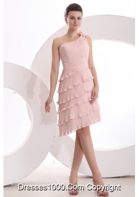 Pink One Shoulder Layers Prom Dress with Hand Made Flower