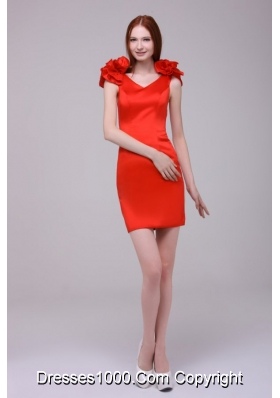 Cute Red Short Sheath V-neck Prom Gown with Handle Flowers