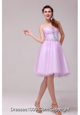 Knee-length A-line Lilac Tulle Prom Dama Dresses with Beading