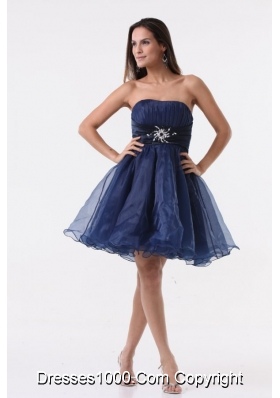 Knee-length Beading and Ruching Navy Blue Prom Cocktail Dress