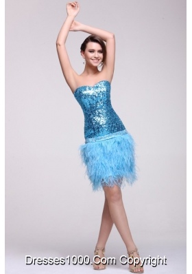 Column Knee-length Feathers and Sequins Blue Prom Party Dress