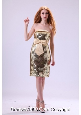 Gold Column Sequins Over Skirt Dresses for Prom with Bowknot