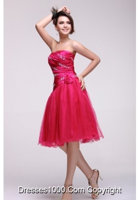 A-line Knee-length Beading Ruche and Handle Flowers Prom Gown