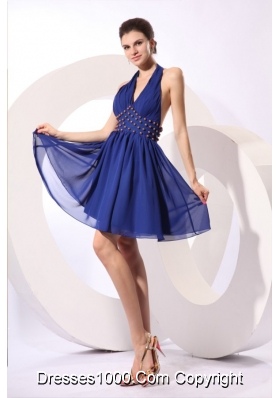 Blue A-line Halter Top Knee-length Beaded Chiffon Prom Gowns