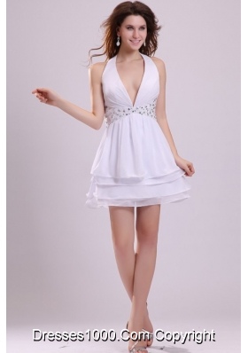 Mini-length White Halter Top Layers Prom Dresses with Beading