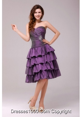 Purple A-line Beading and Ruche Layers Knee-length Prom Gowns