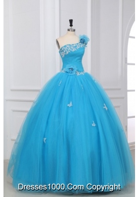 Aqua Blue Hand Made Flowers One Shoulder Quinceanera Dress