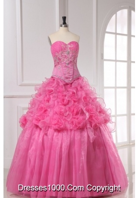 Rose Pink Appliques and Rolling Flowers Organza Quinceanera Dress