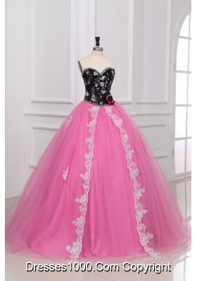 Black and Rose Pink Beading and Appliques Quinceanera Dress