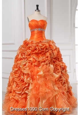 Eye Catching Orange Sweetheart Quinceanera Dress With Rolling Flowers