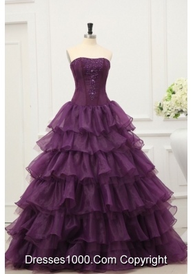 Dark Purple Strapless Beading and Ruffles Layered Quinceanera Dress
