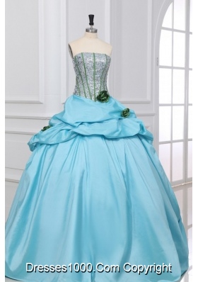 Light Blue Strapless Sequins with Hand Made Flowers Quinceanera Dress