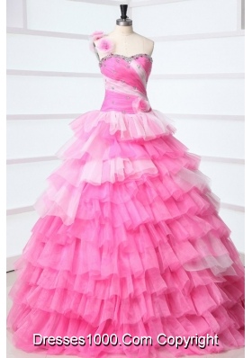Sweet Pink One Shoulder Beading and Ruffles Layered Quinceanera Dress