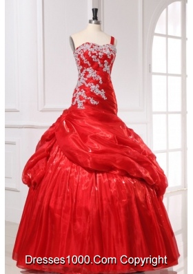 Gorgeous Red One Shoulder Organza Quinceanera Dress with Appliques