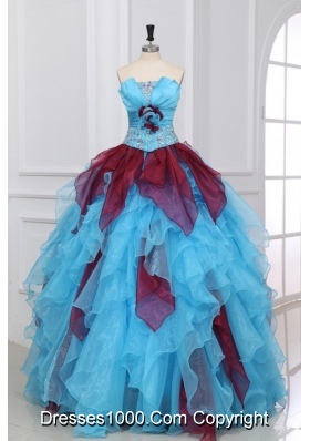 Aqua and Wine Red Strapless Beading and Ruche Quinceanera Dress