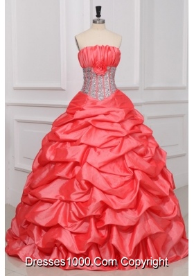 Strapless Watermelon Quinceanera Dress with Sequins and Pick-ups