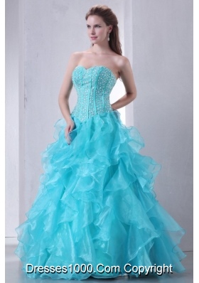 Brand New Turquoise Sweetheart Beaded and Ruffled Quinceanera Gowns