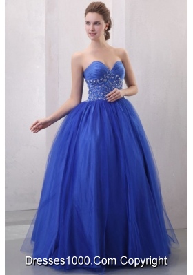 Diamonds and Ruching Blue Tulle Dress for Quince with Puffy Skirt