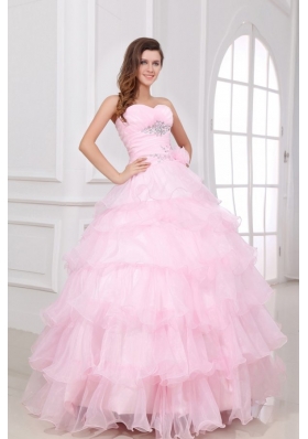 Baby Pink Ruffled Layers Puffy Organza Quinceanera Party Dresses