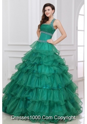 Emerald Green Halter-Neck Tiered Quinceanera Dress with Beading