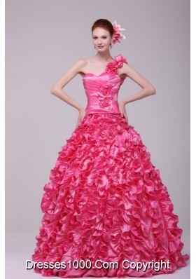 Unique One Shoulder Hot Pink Ruffled Zipper-up Quinceanera Dresses