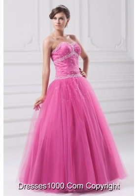 Sweetheart Hot Pink Beaded Tulle Floor-length Quinceanera Dress