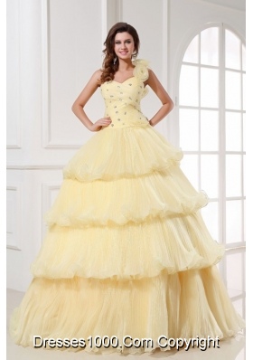 Asymmetrical Neckline Layered Light Yellow Quinceanera Dresses
