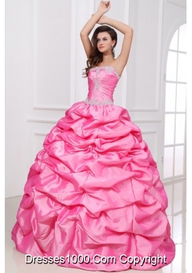 Rose Pink Sweet 16th Dress with Appliques and Pick-ups in Taffeta