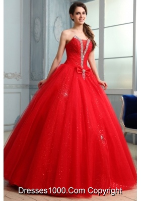 Paillettes and Bowknot Decorated Red Tulle Sweet Sixteen Dresses