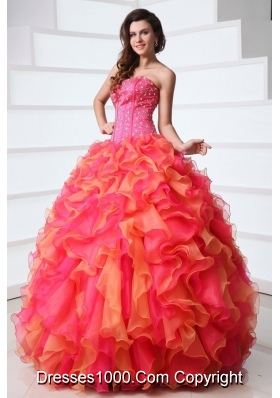 Strapless Floor-length Ruffled Hot Pink and Orange Quinceanera Gowns
